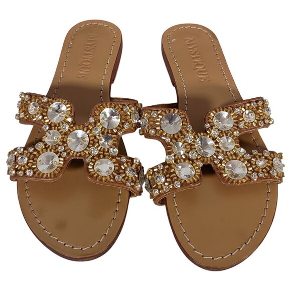 Mystique Sandals 6 Womens Brown Leather Flat Comfort Slip On Casual Jeweled - Picture 2 of 9